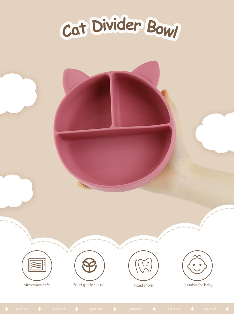 Food Grade Silicone Baby Cat Divided Plate Feeding Bowl Cartoon Fox Dishes Suction