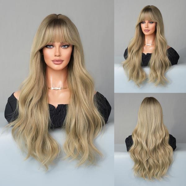 Fashion Long Body Wave Dark Root Hair Blonde Synthetic Wigs For Women