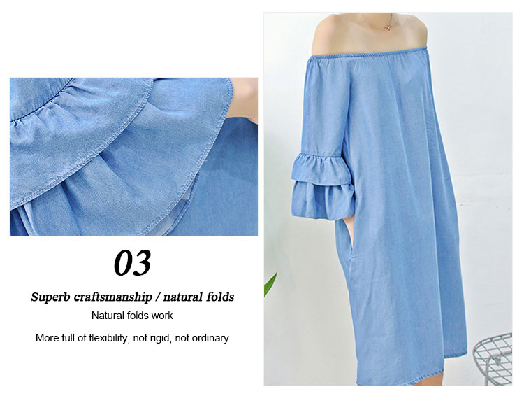Young Ladies Denim Shirt Dress Off Shoulder Bat Wing Long Sleeve KneeLength