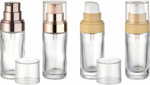 China Round Glass Foundation Bottle And Plastic Cosmetic Pump Bottle Screw Cap Included wholesale