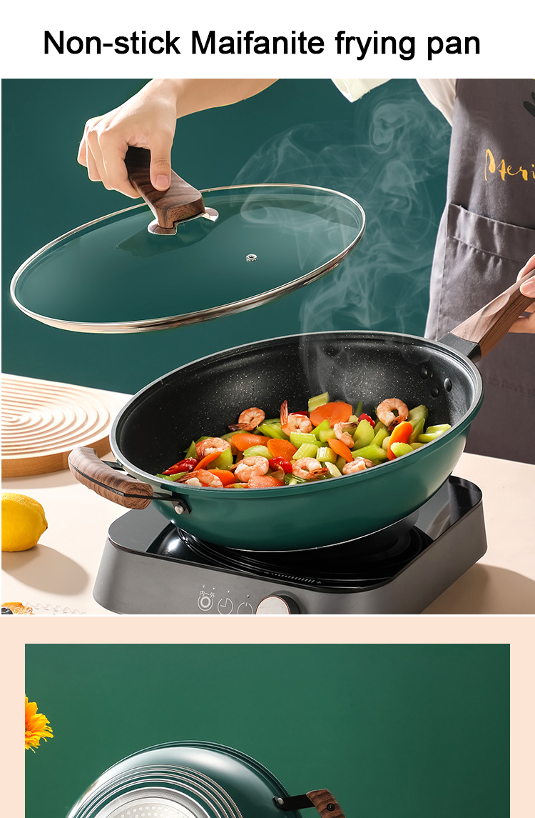 Non Stick Kitchen Wok Pan With Comfortable Wooden Handle