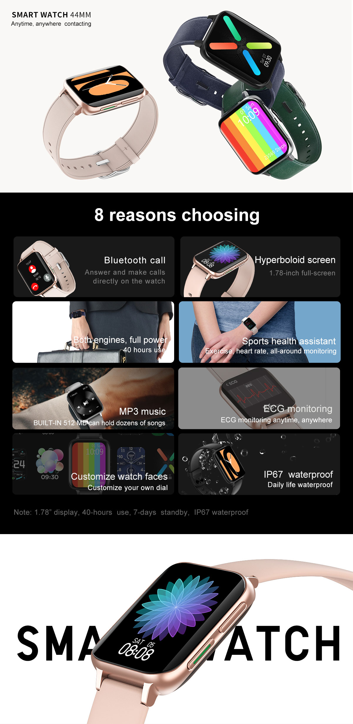 420*485P Clip Charging Android ECG Smartwatch 1.78 Inch DT93