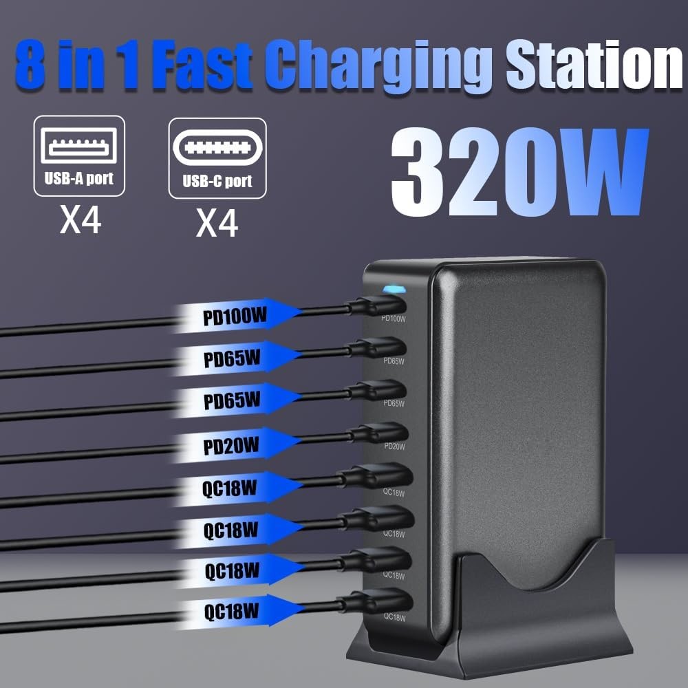 Multi Port Desktop GaN Charger 320W Fast Type C 100W 45W PD 20W For Laptop