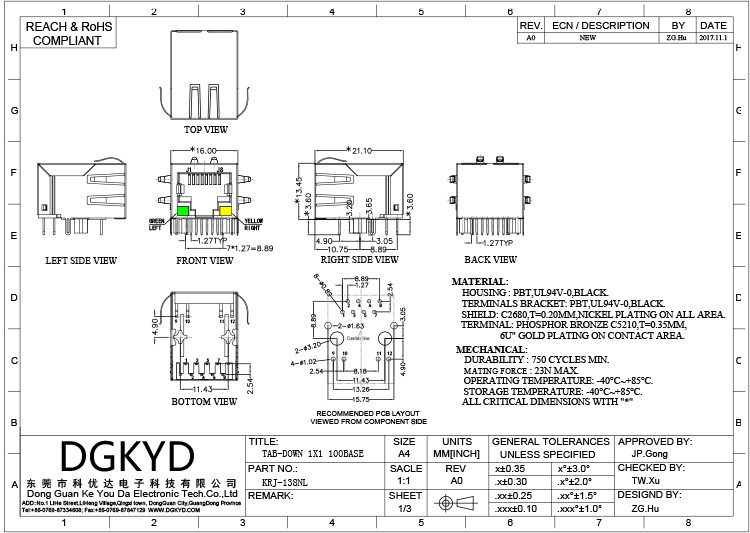 KRJ-138NL 10/100 RJ45 Ethernet Connector with transformer, EMI Magnetic Modular Jacks