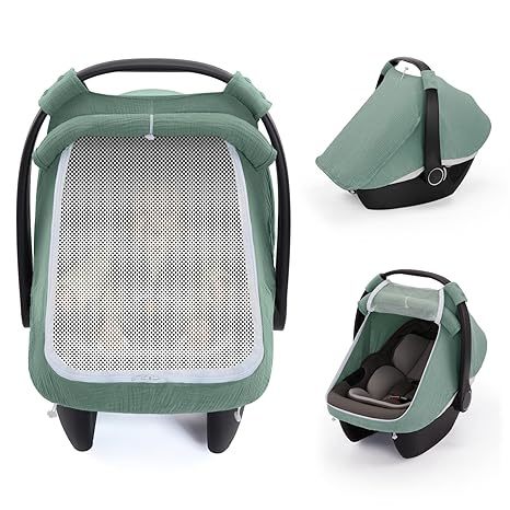 Roman Green Muslin Cotton Baby Car Seat Cover with Mesh Window