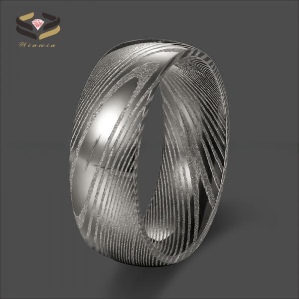 Men 8mm Damascus Steel Wedding Band Dome Finished Pearl Type Included Half Size Gun Color Plated