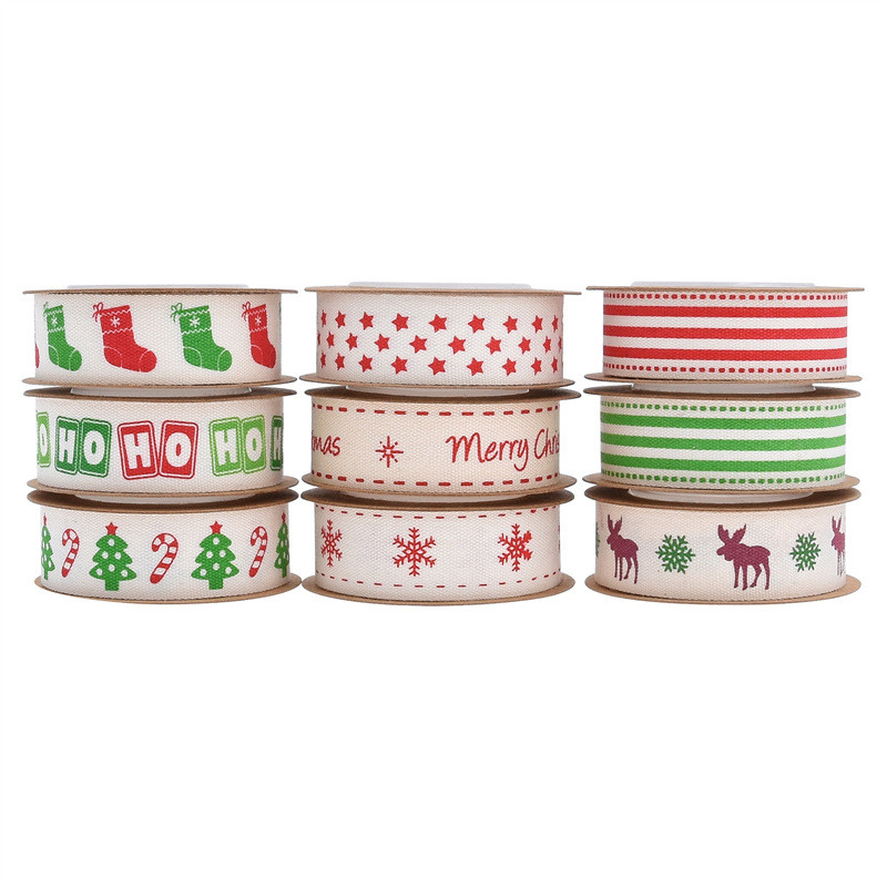 15mm*3y Christmas Gift Ribbon Printed White Cotton Ribbon For Presents