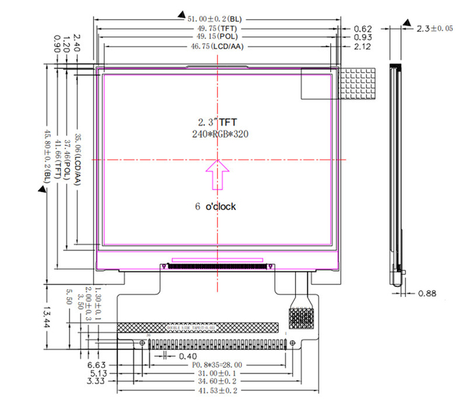 320x240 Medical LCD Touch Screen 2.3 Inch ILI9342C MCU 8bits Interface 36 Pins