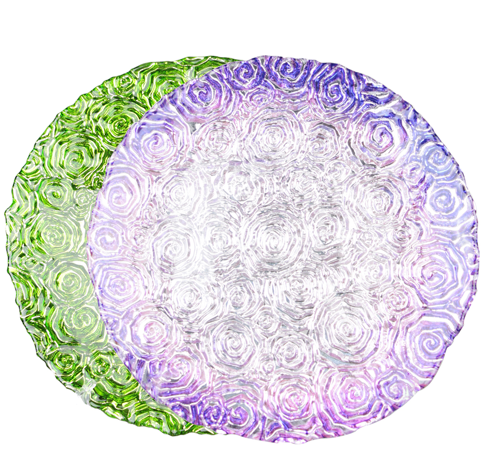Wholesales Roes Embossed Spray Color Decoration Glass Charger Plate