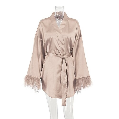 OEM maufactory Autumn Pajamas Sexy Bath Long Sleeved Feathers Satin Robe Pure Color French Leisure