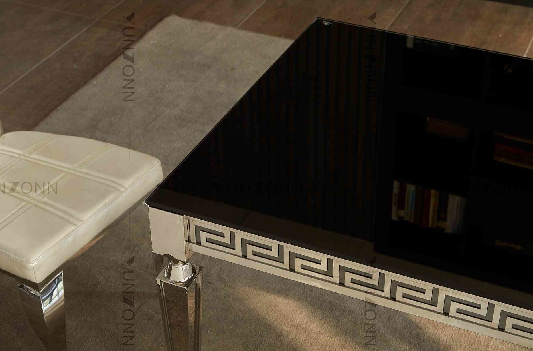 Concise Black Glass Dining Table Carved Edge Angular Legs For Dining Room