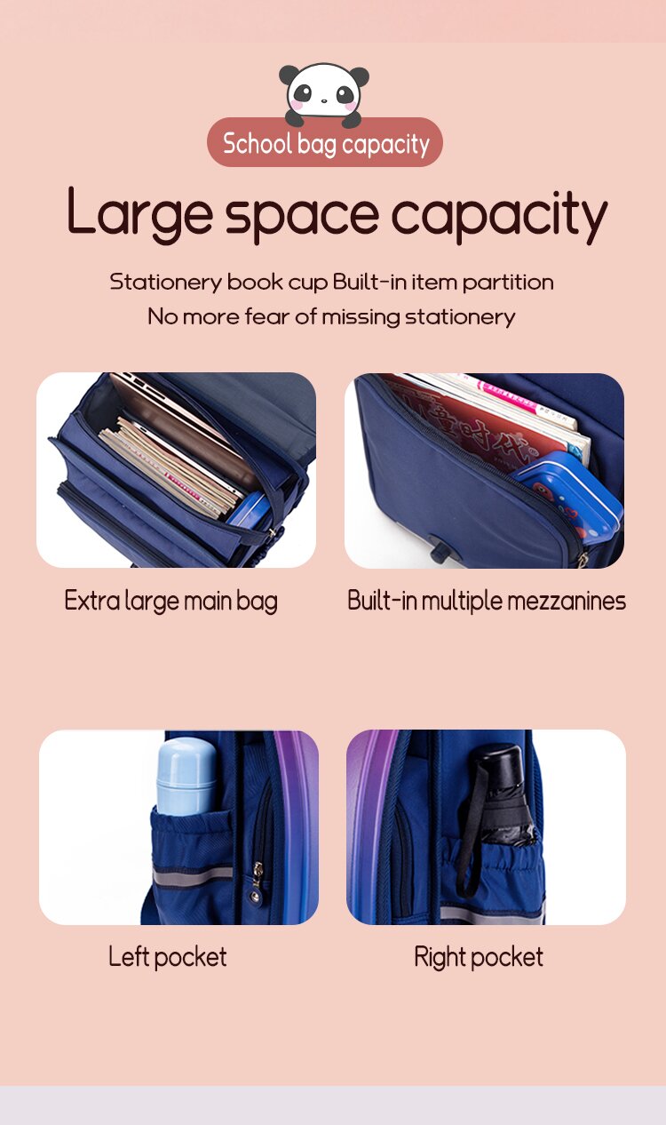 Pink Blue School Kids Backpack Zipper Pouch Waterproof Childrens Schoolbag