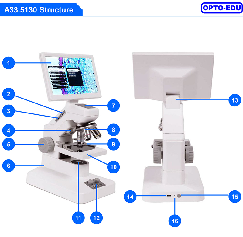 OPTO-EDU A33.5130 Digital Microscope with LED Lights Triple Nosepiece and 8MP Camera