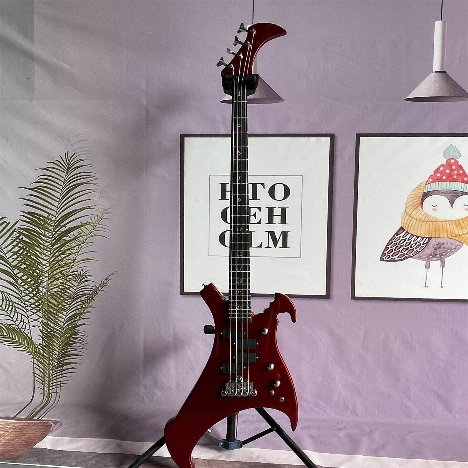 Custom 4 Strings Irregular Special Body Shape Electric Bass Guitar in Metallic Red ​Color Solid Body Maple Neck