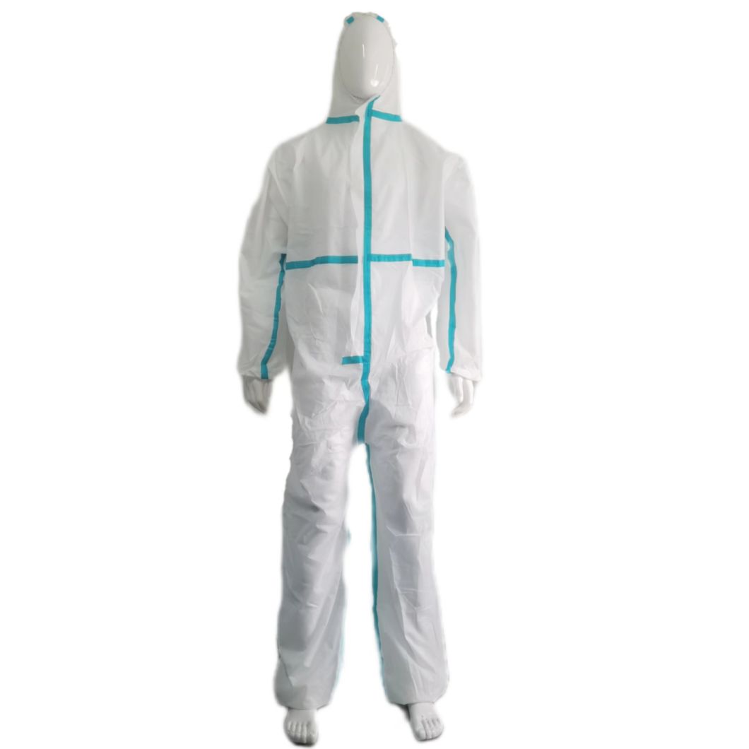 Wholesale CE Type5&6 Anti-Virus Dustproof SMS Nonwoven Coverall with Custom Stick Strip