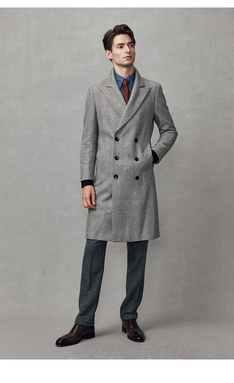 British Style Wool Gray Windbreaker Overcoat for Men's Mid-Length Double-Breasted