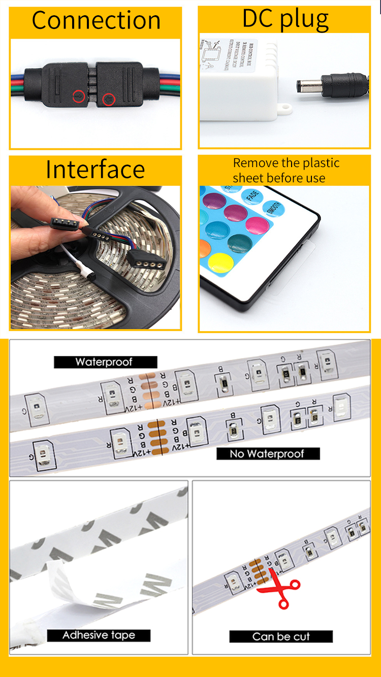 5V RGB SMD 5050 LED Light Strip with 24-KEY Control Set 5Meter/roll 50000 Working Time