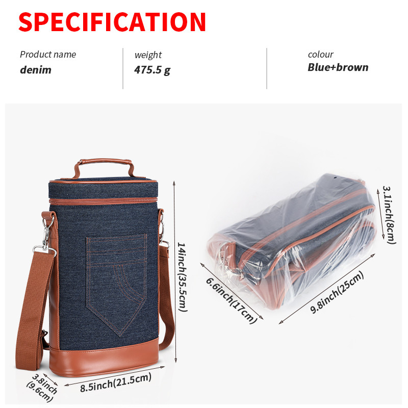 Denim Insulated Wine Cooler Bags Cheese Tote 2 Bottle Picnic 8.5x3.8x14"