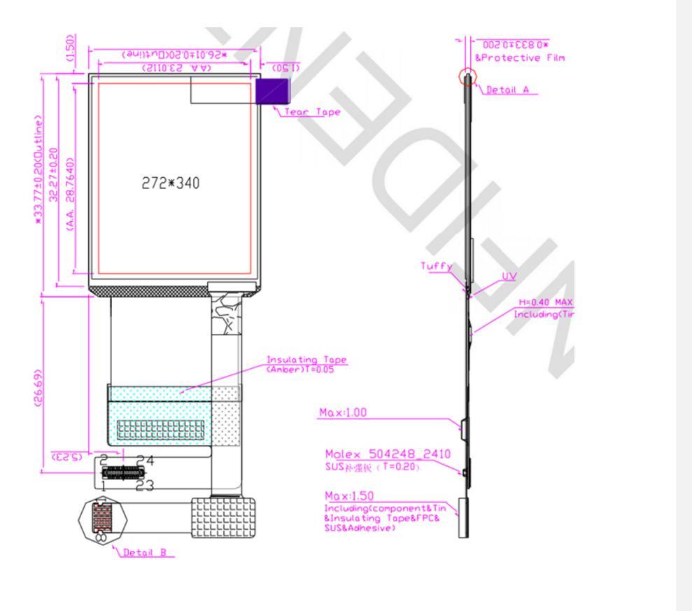 1.45 inch AMOLED display technical drawing