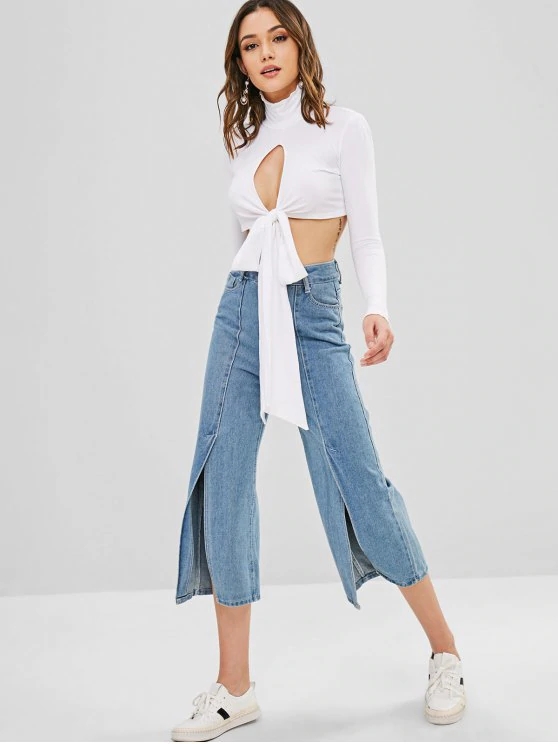 Fitness Clothing Women Cutout Turtleneck Tie Crop Top