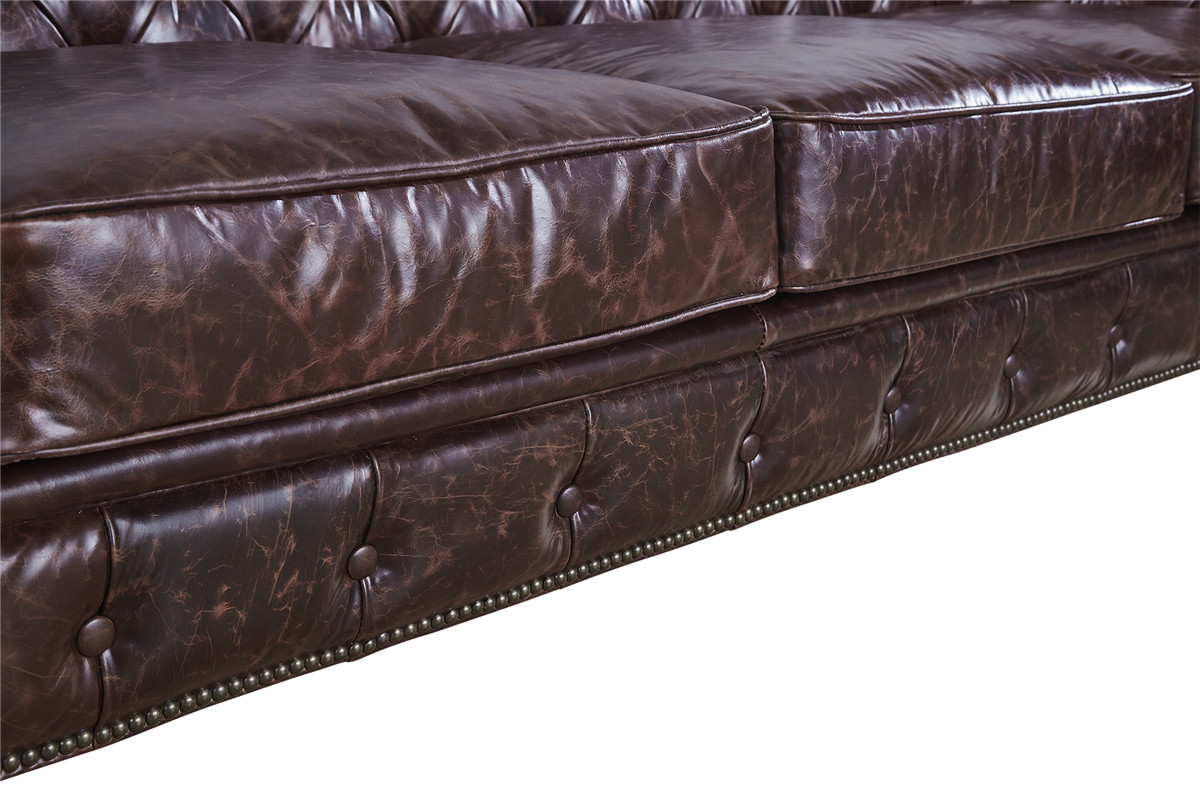 100% Full Vintage Soft Leather Sofa Solid Wood Frame With Deep Leather Buttons