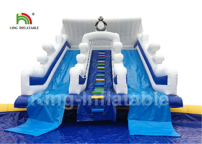 Penguin Blue White Inflatable Blow Up Water Park With 16m Diameter Pool And Slide