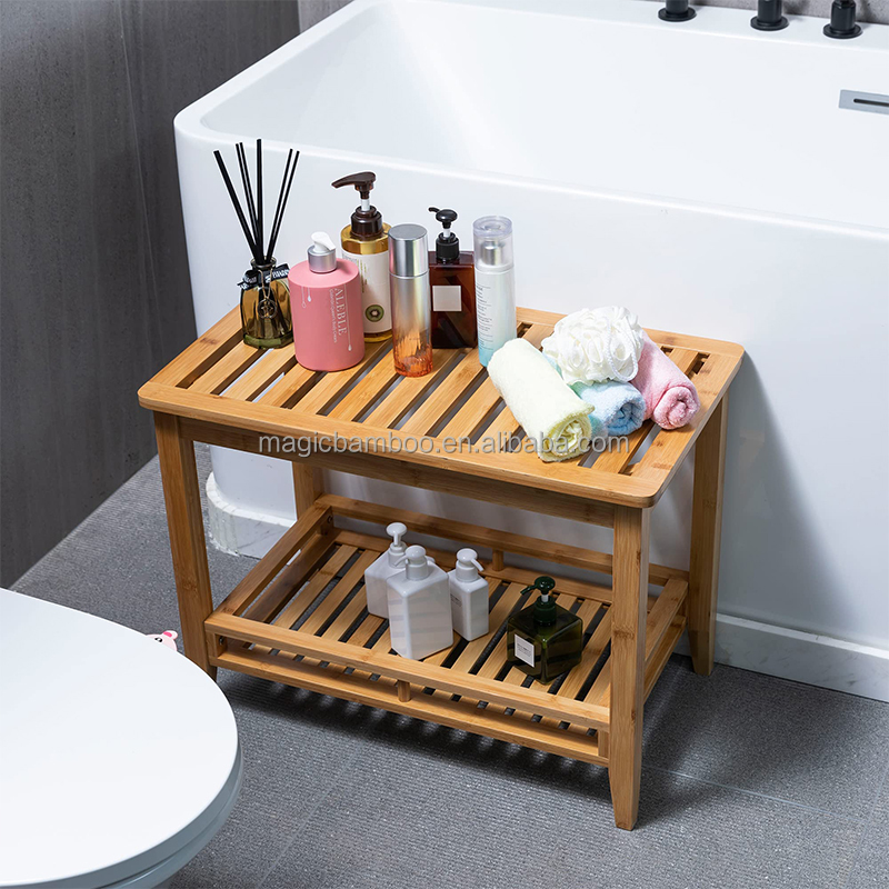 Transform Your Shower Experience with this Bamboo Shower Bench Stool and Storage Shelf