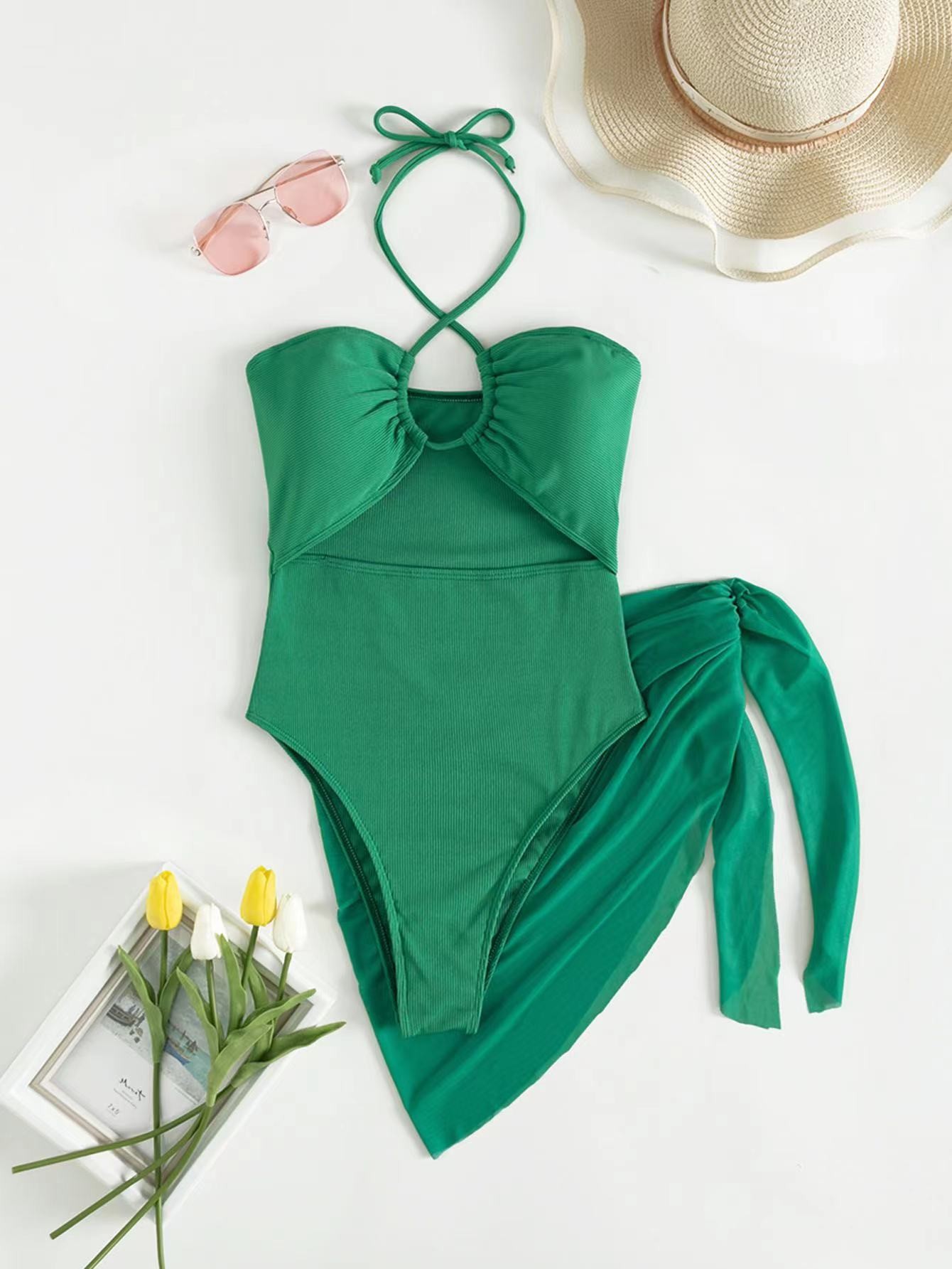 Deep V 3 Piece Bathing Suit Set Backless Fashion Three Piece Beachwear Bikini Women'S Swimsuit