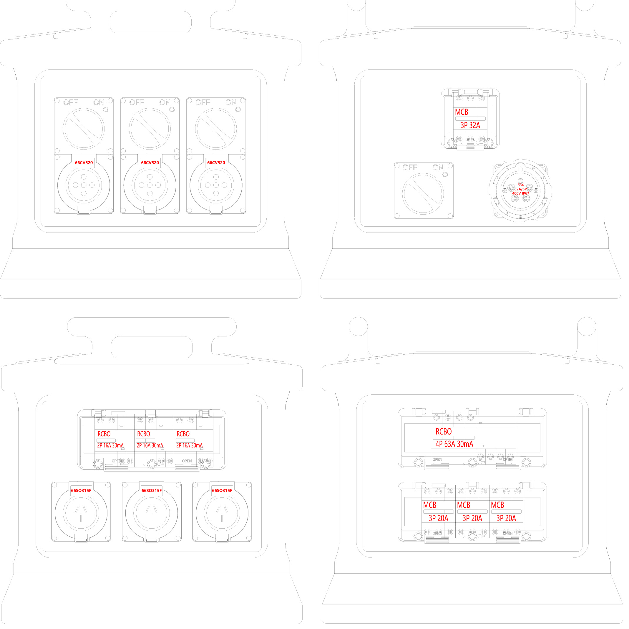 Syntax MK1N 5P 32A Single & 3 Phase Outlets Portable Distribution Box PE Material Fitted With Switched Socket and RCBOs