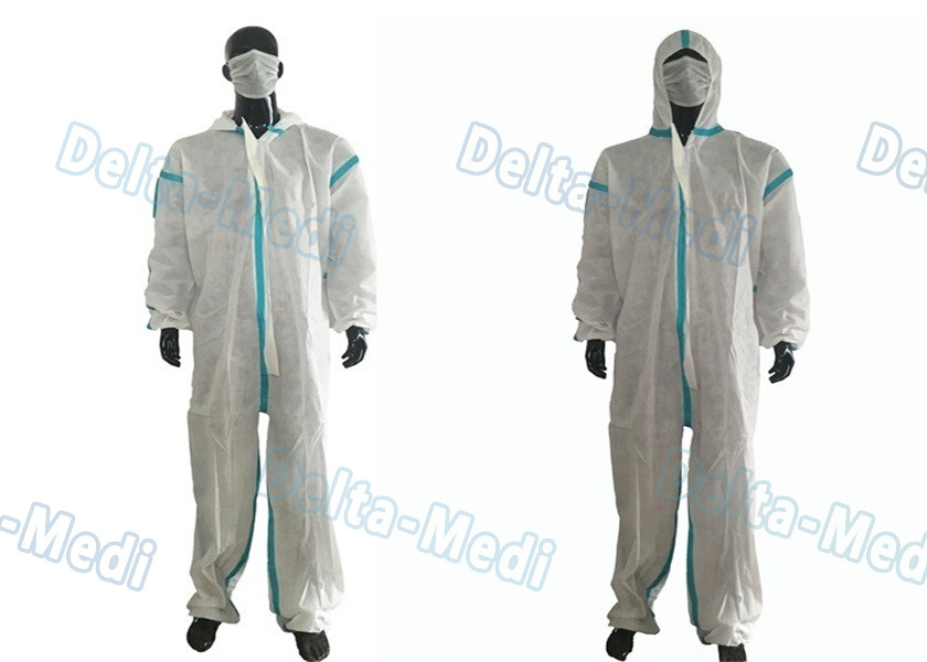 SMS White Disposable Coveralls , Chemical Protective Suit With Hood Tape Seam