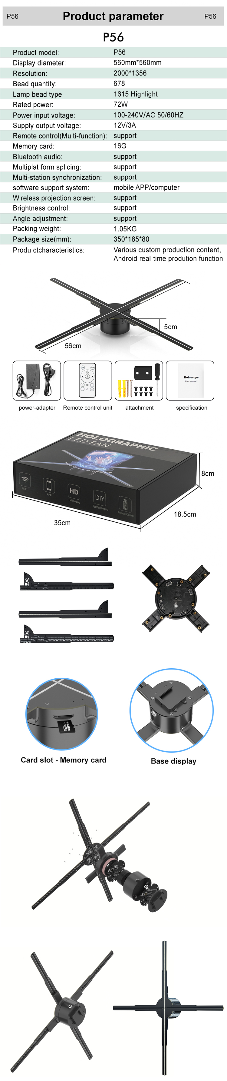 Splice Function 56cm 4Blades 1920*1080 5mm Pixel Pitch 3D Hologram Fan for Advertising