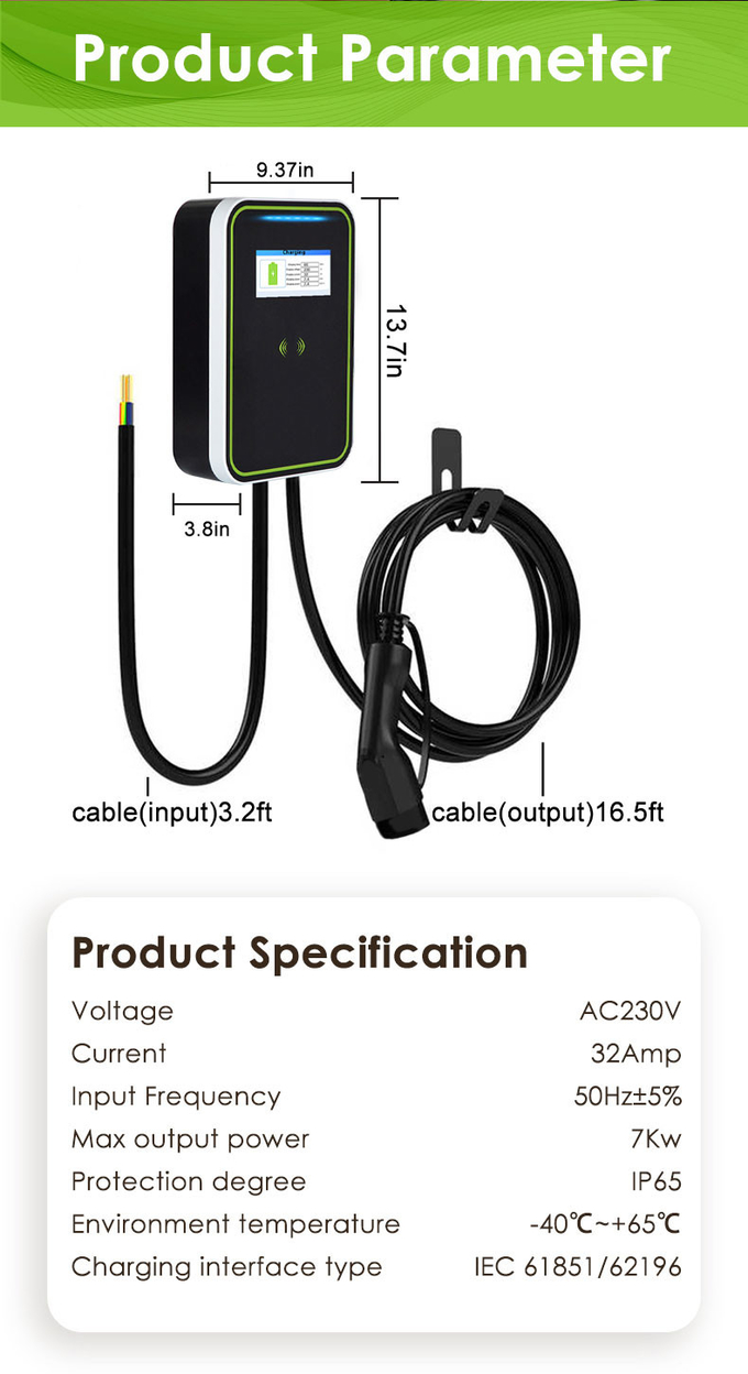 Ev Charger Wall Box 7KW 32 Amp 19.6ft Cable Portable Plug and Play 220V ev charer OEM ODM