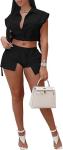 Women′s Sexy Summer Two Piece Outfits Button Down Crop Top Short Sleeve