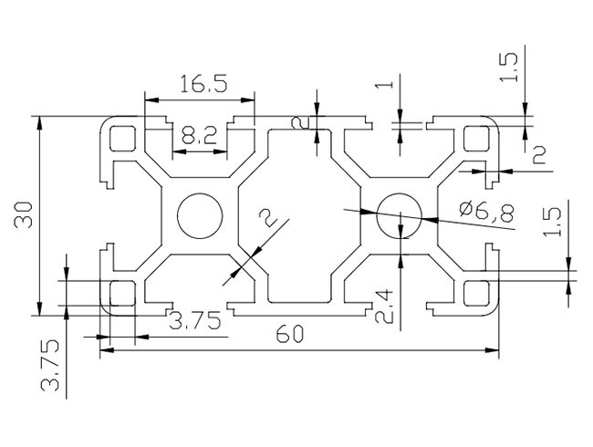 60 * 30 Sliver Anodized T Slot Aluminum Profile With Two 6.8mm Holes