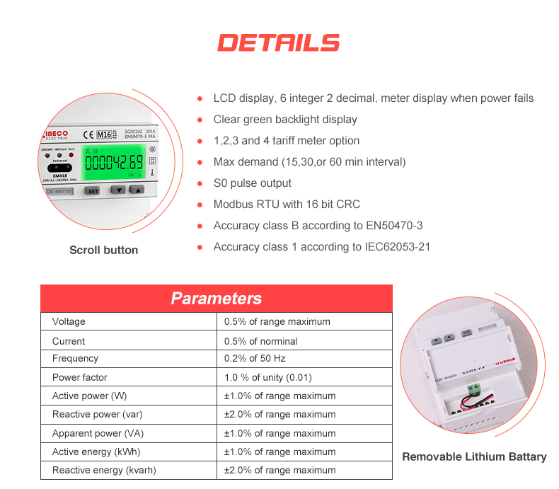 Modbus RTU/M-bus Communication EM418 230V 10 100 A MID Approved Dual Tariff Energy Meter