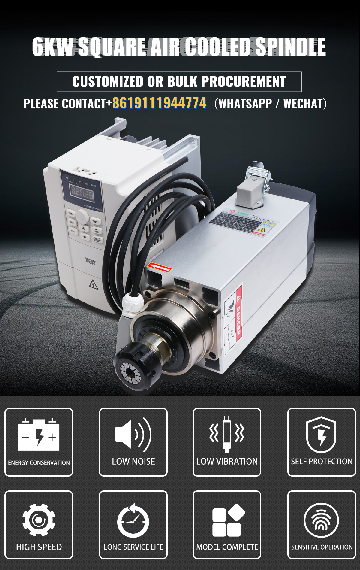 220V/380V Motor Drive 6KW ER32 Air Cooled Square Spindle Kit for CNC Milling Machine