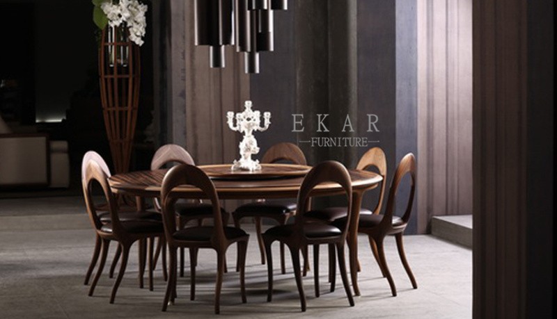 Italian Designer Luxury Walnut Solid Wooden Round Rotating Center Dining Table