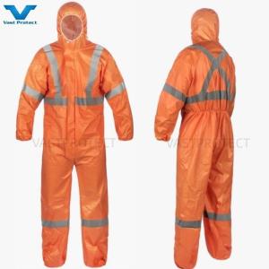 China Chemical Diposable PP PE Orange Type5 6 Safety Coveralls with Reflective Tape Ankle Style wholesale