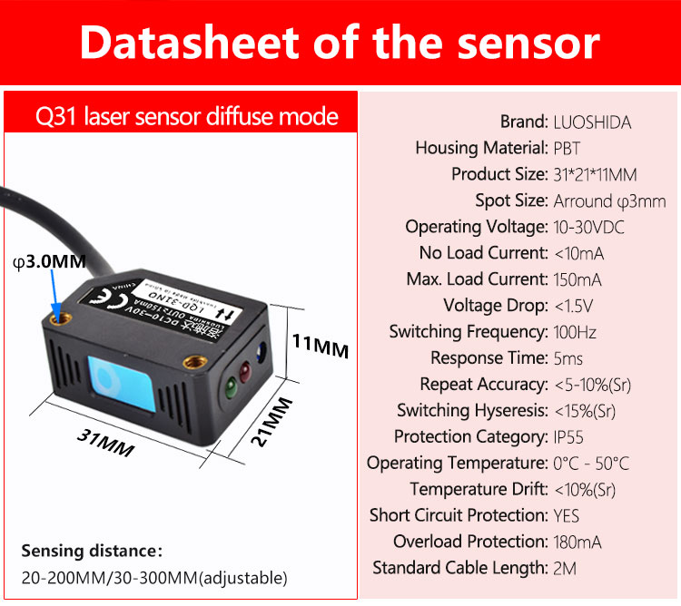LUOSHIDA Square / Rectangle Laser Diffuse Sensor Q31 PBT Housing 10-30VDC