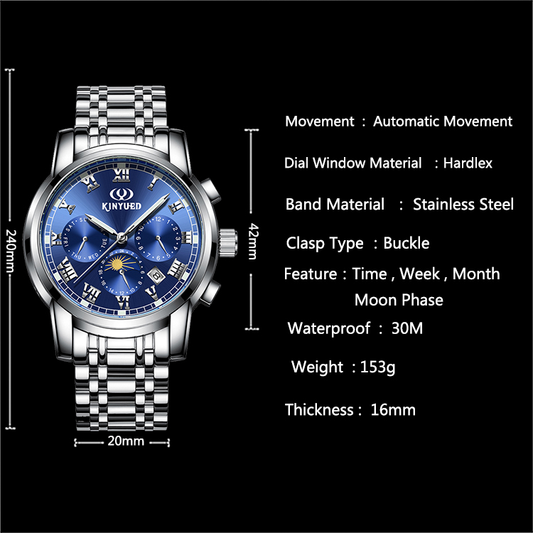 KINYUED J015-2 Luminous OEM Custom Watches Waterproof Stainless Steel Strap Automatic Mechanical Men's Watch