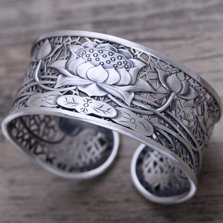 Vintage Handmade Engraved Designs Flower Sterling Silver Cuff Bracelet(058233)