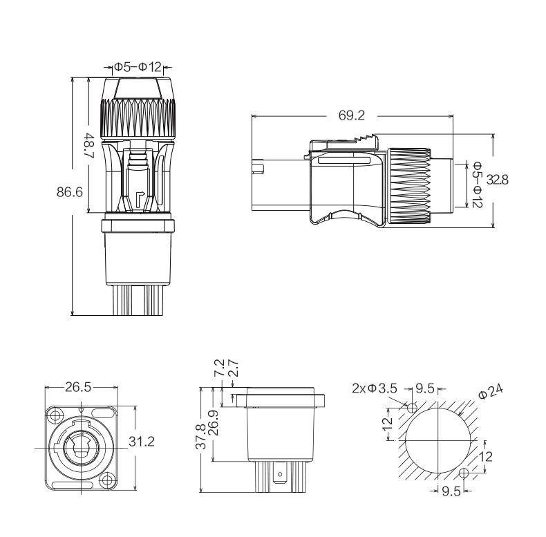 CNLINKO YF-24-C03PE-01-001 Power Quick Plug Socket Ip68 Waterproof Connector Male and Female 20A 3 Pin XLR Powercon Connector