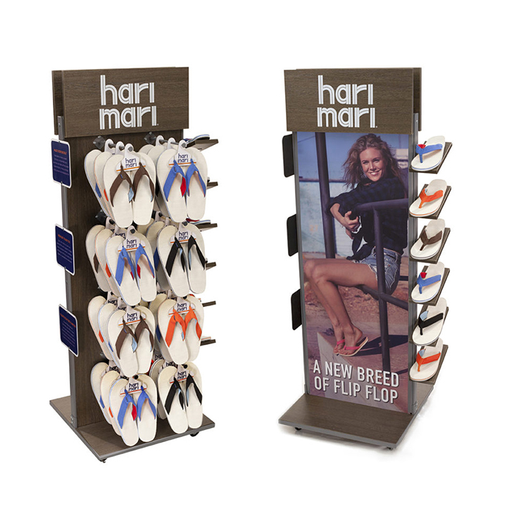 Double Sided Wooden Display Stand Sock Display Rack With Wheels For Foot Wear