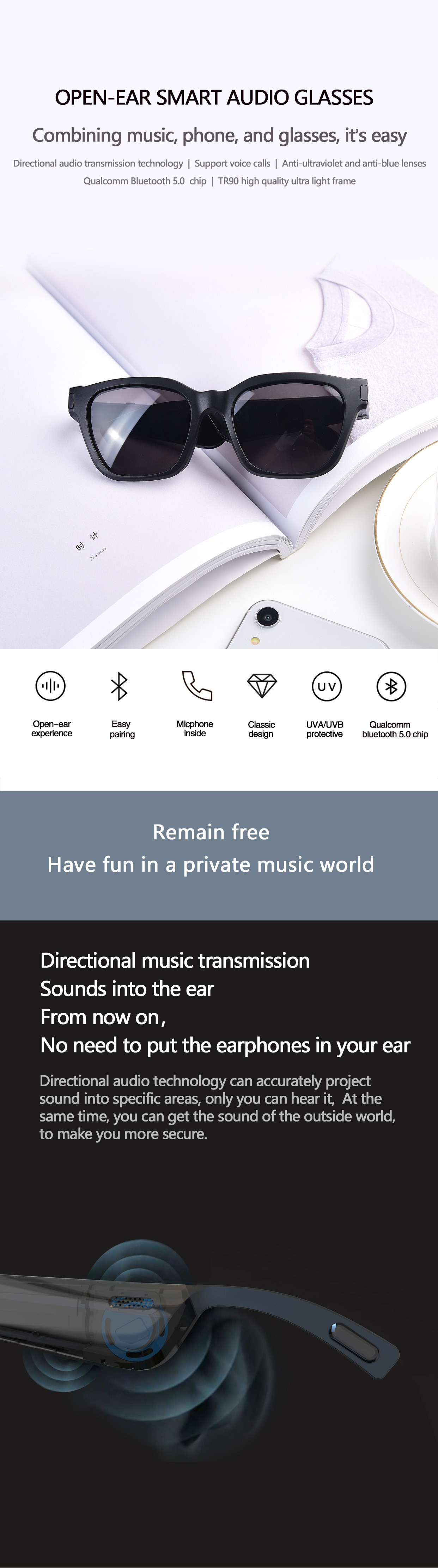 Ultra Light Frame V5.0 15m Wireless Headphones Glasses