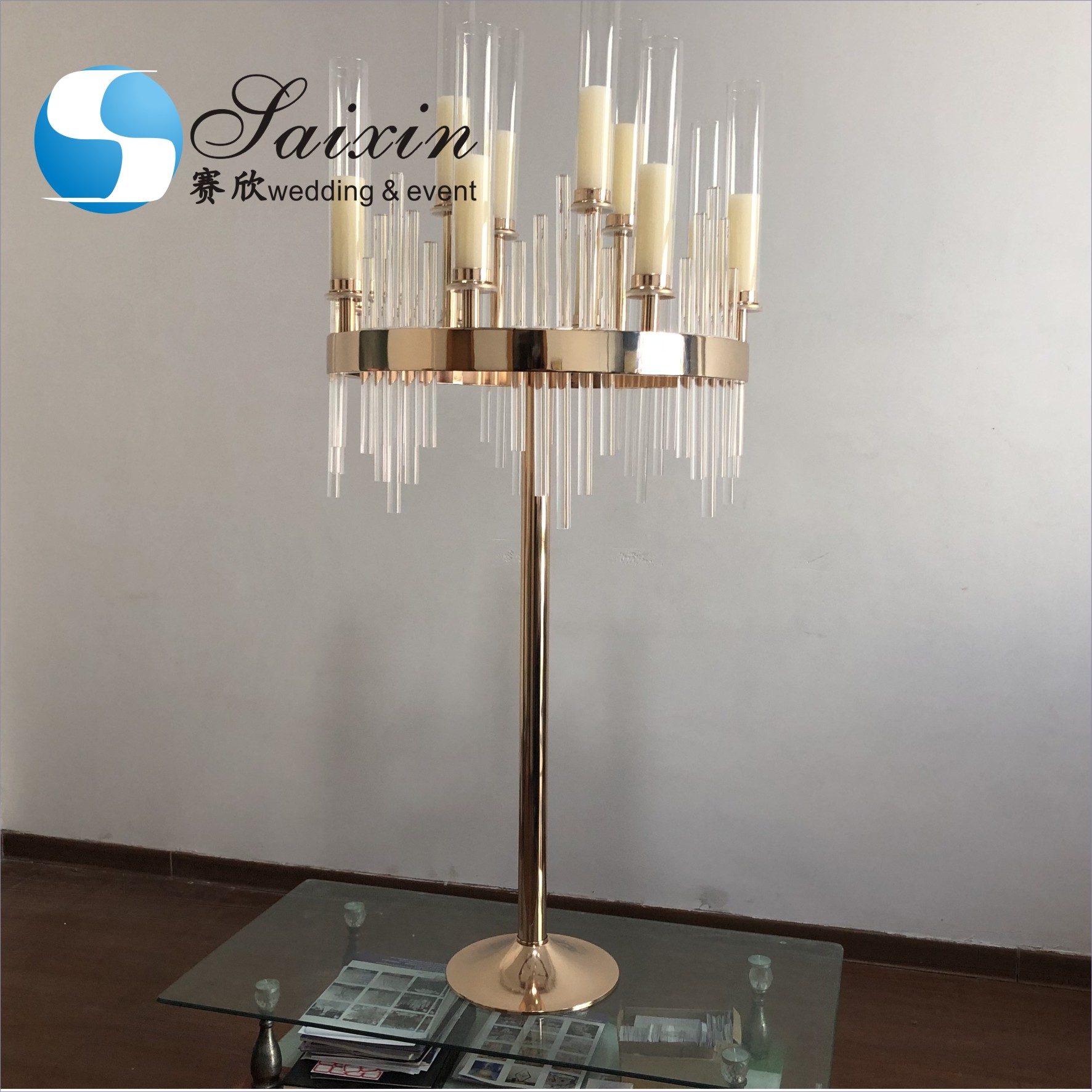 9 Branch Crystal Glass Candelabra Square Base Contemporary Crystal Candle Holders