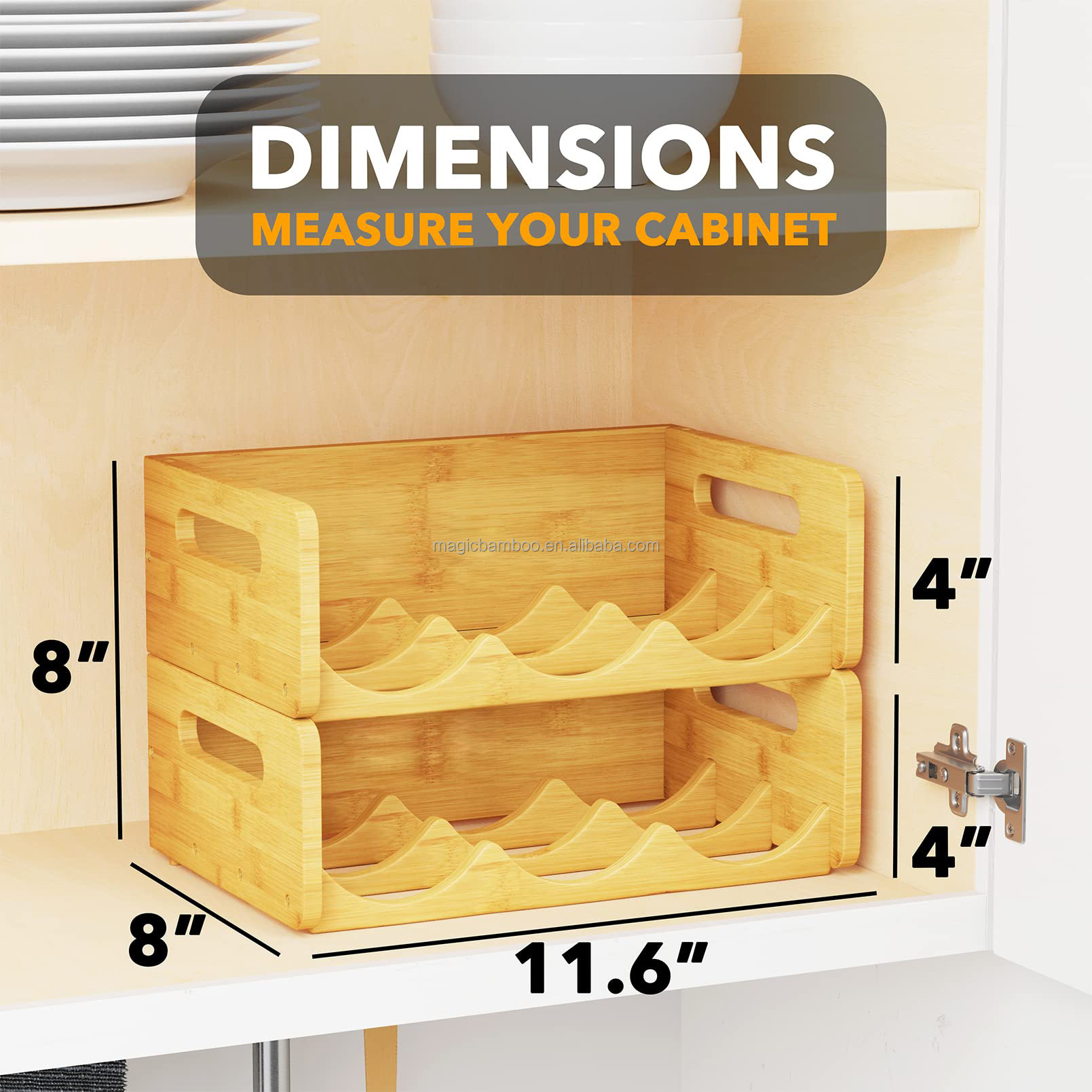 BAMBOO Water Bottle Organizer With Labels Non-folding Rack for Kitchen Pantry and Cabinets