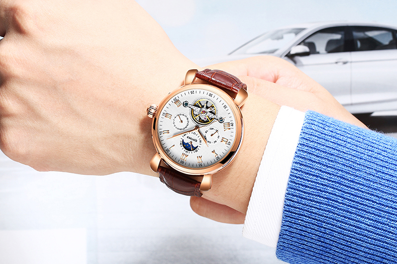 Genuine Leather Mens Winner Automatic Mechanical Watch Moon Phase Automatic Movement Mechanical Watch