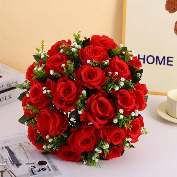 Wholesale Wedding Faux Silk Fake Floral Bouquet Plastic Artificial Roses Flowers