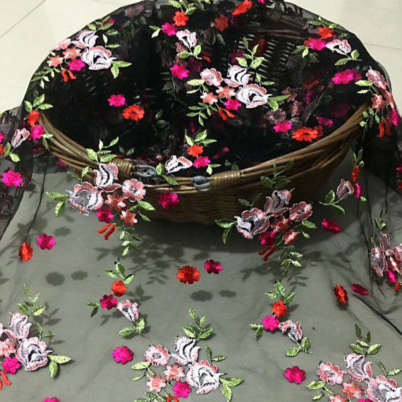 Embroidered Floral Lace Fabric Netting Cloth With Multi Colored Flower Pattern