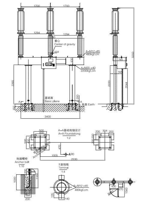 Outdoor H.V. three pole mechanism SF6 live tank 400 kv circuit breaker